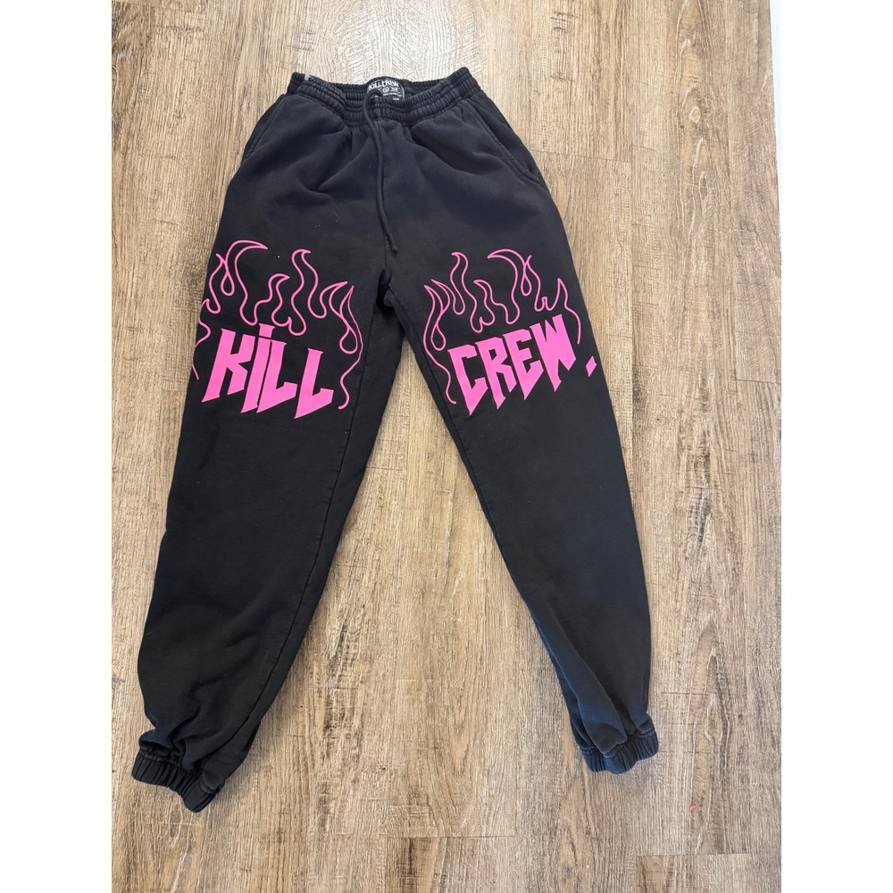 Kill Crew Black Pink Flame Graphic Sweatpants Joggers 2XS Streetwear Gym Cotton